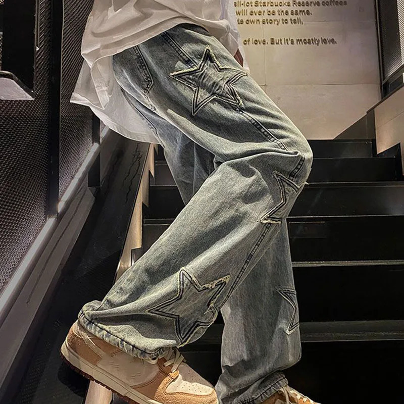 Xpqbb Y2K Vintage Streetwear Jeans Women Harajuku Star Aesthetic Wide Leg Denim Trousers High Waist Unisex Couple Straight Pants 240717