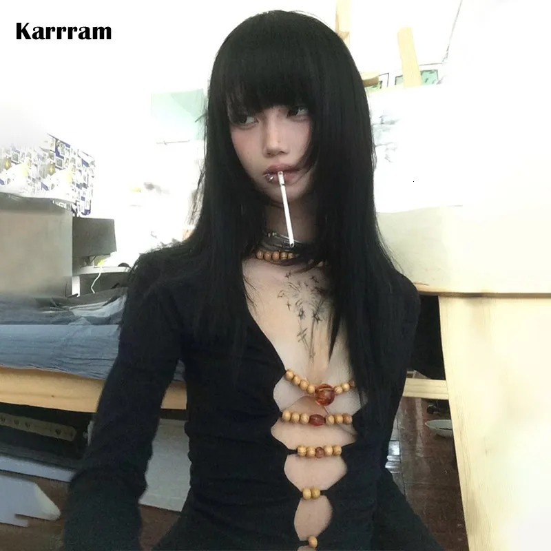 Karrram Japanese Y2k Hollow Out Tops Vintage Harajuku Beaded T Shirt 2000s Aesthetics Long Sleeve Slim T-shirts American Retro 240717
