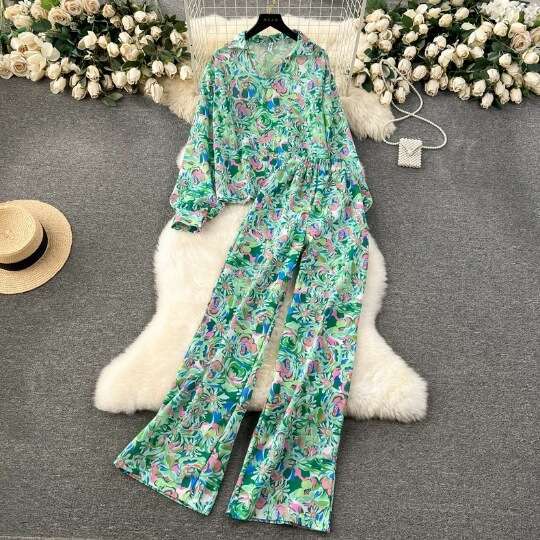 Spring New Womens Wear Design Sense Printed Long Sleeved Shirt Fashionable and Versatile Wide Leg Pants Two Piece Set Self-cultivation Lace Dress BOHO