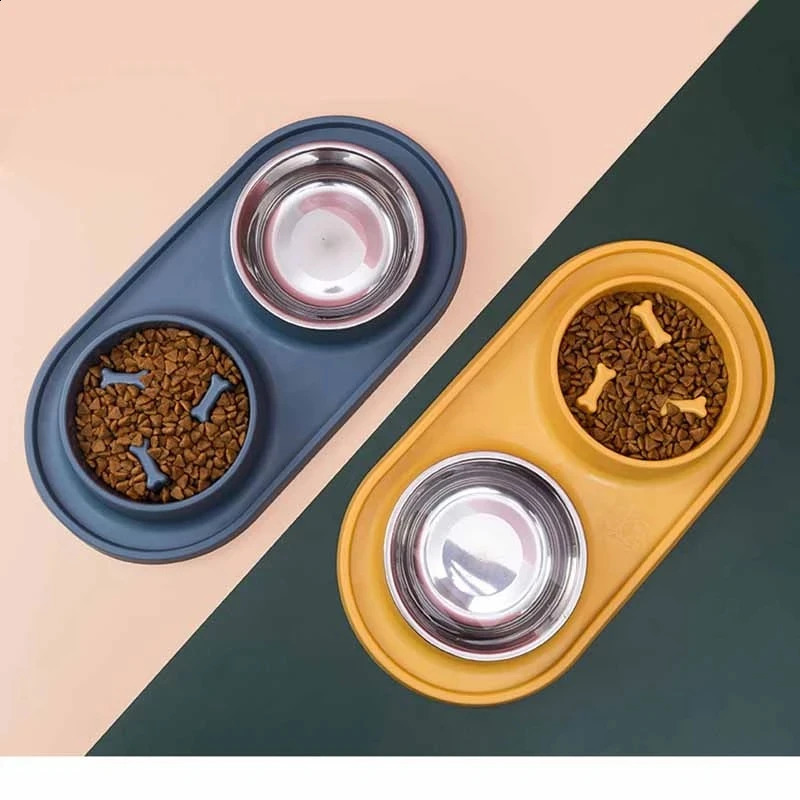 Dog Cat Double Bowl Pet Food Feeder Water Drinking Dispenser With Silicone Pad Stainless Steel Anti Clogging And Slip Basin