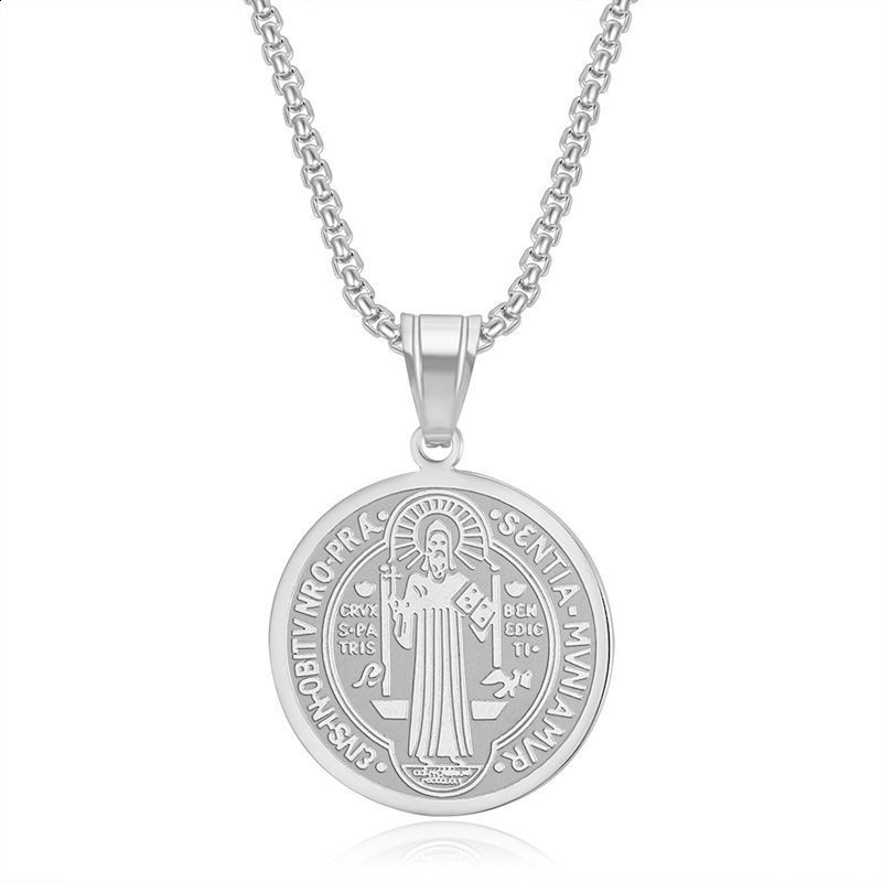 U7 925 Sterling Silver Coin Saint Benedict Necklace Dainty Chain Sacramental Medal Pendant Religious Catholic Unisex Jewelry 240123