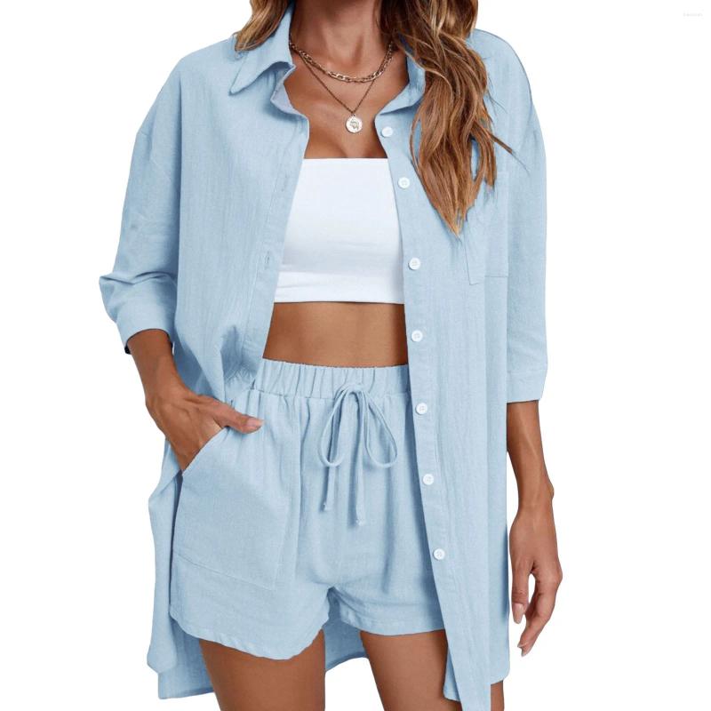 Womens Tracksuits Women S Stylish 2 Piece Co-ord Set Trendy Short Sleeve Button Down Shirt Comfy Shorts For Casual Loungewear
