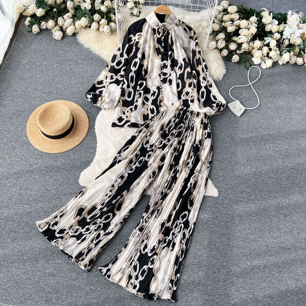 Spring and Autumn Style Printed Womens Lantern Sleeve Half High Collar Loose Shirt+wide Leg Pleated Pants Two-piece Set Bifurcated Pregnant Womens Dre