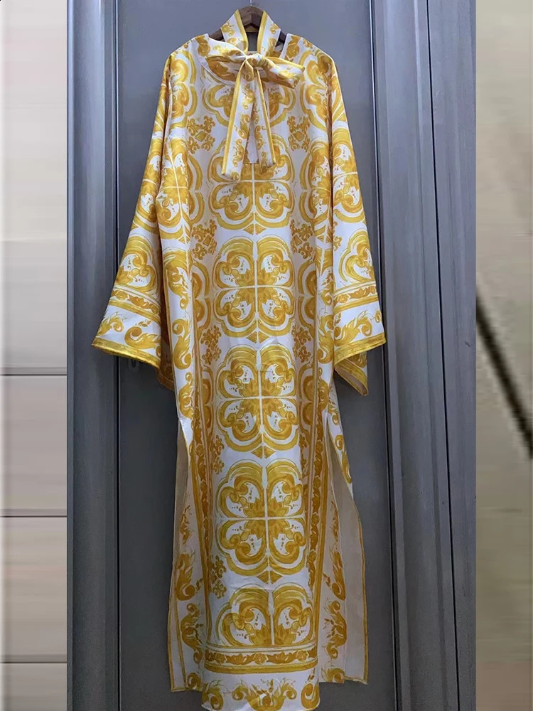 spring ladies printed polka dot temperament split long-sleeved loose dress Bohemian holiday gown skirt 240723