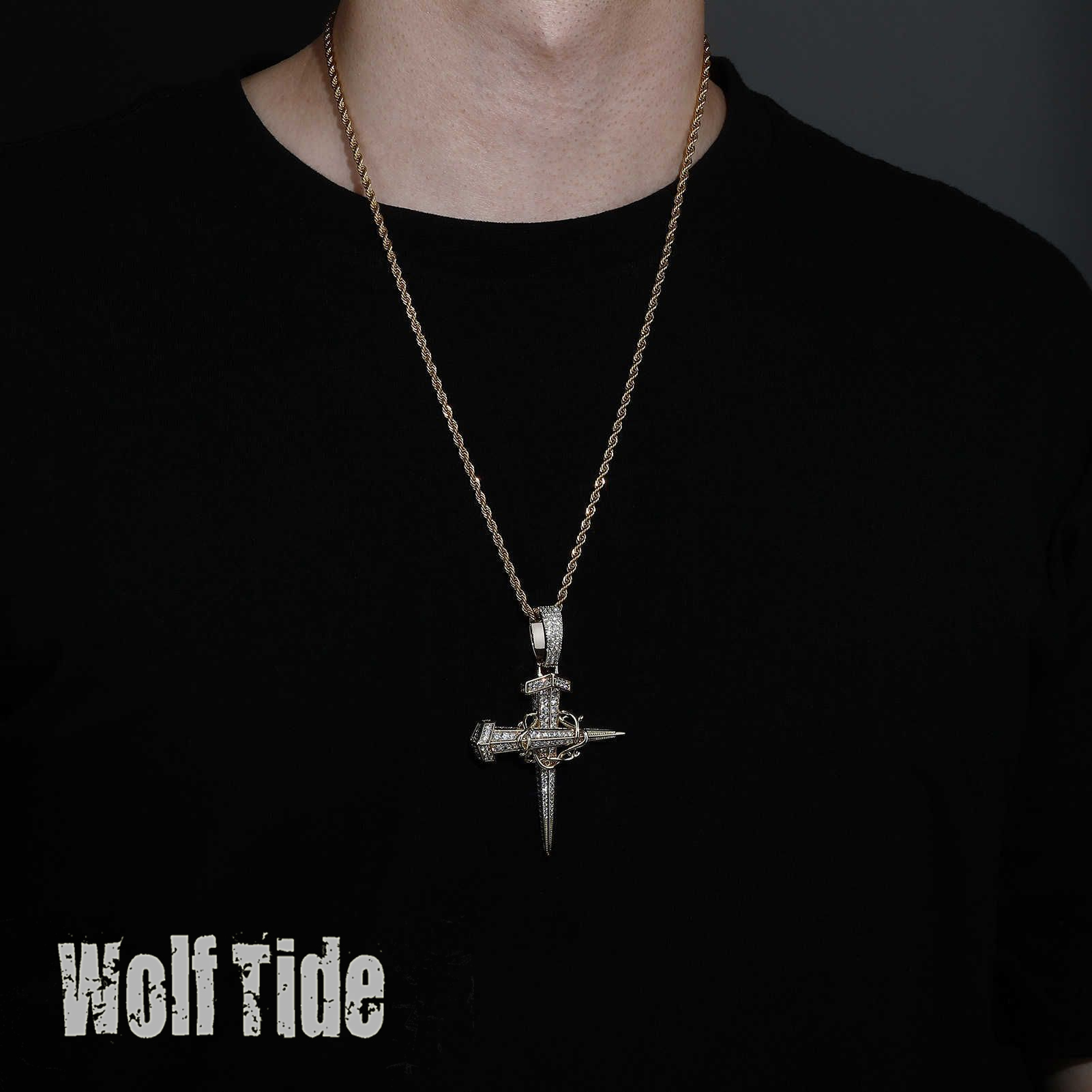 Prong Cubic Zircon Anchor Cross Pendant Necklace Accessories Mens Womens Fashion Hip Hop Necklaces 14K White Gold Rock Full CZ Stone Charm Jewelry Wol