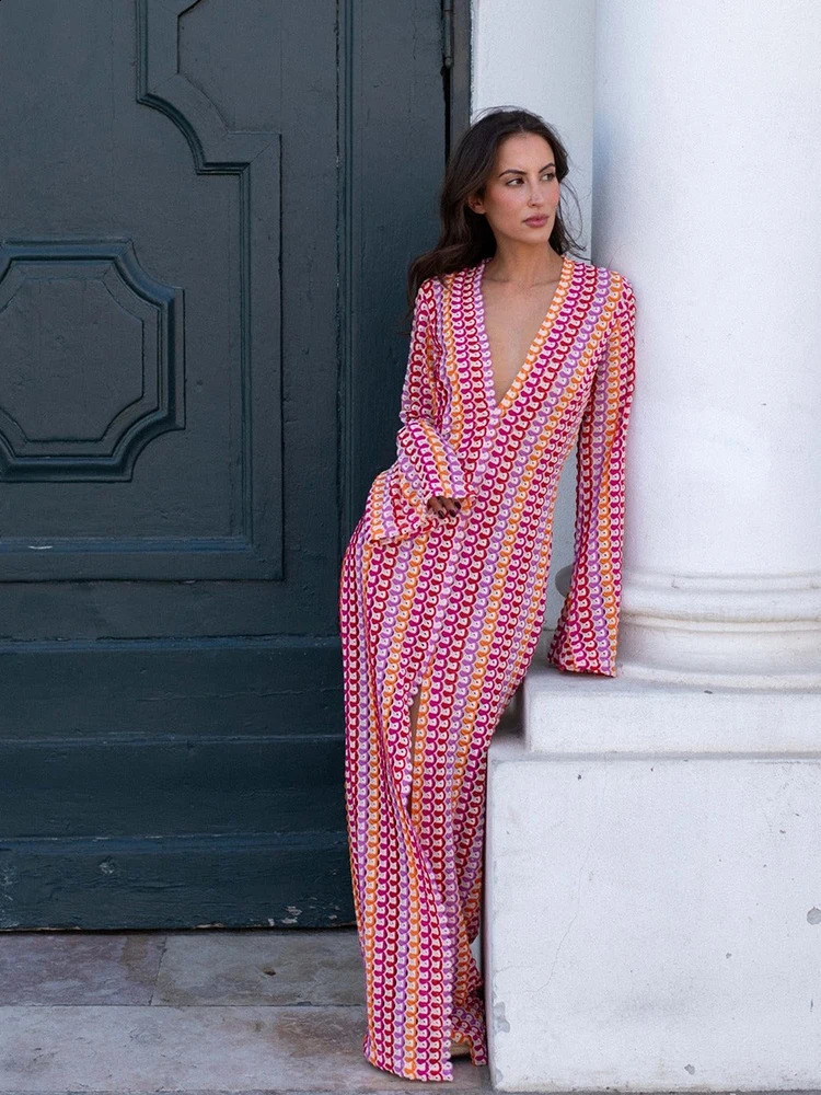 2024 Women Deep V Neck Casual Bohemian Maxi Dress Elegant Straight Flare Long Sleeve Vestidos Sexy Beach Vacation Party Robe 240715