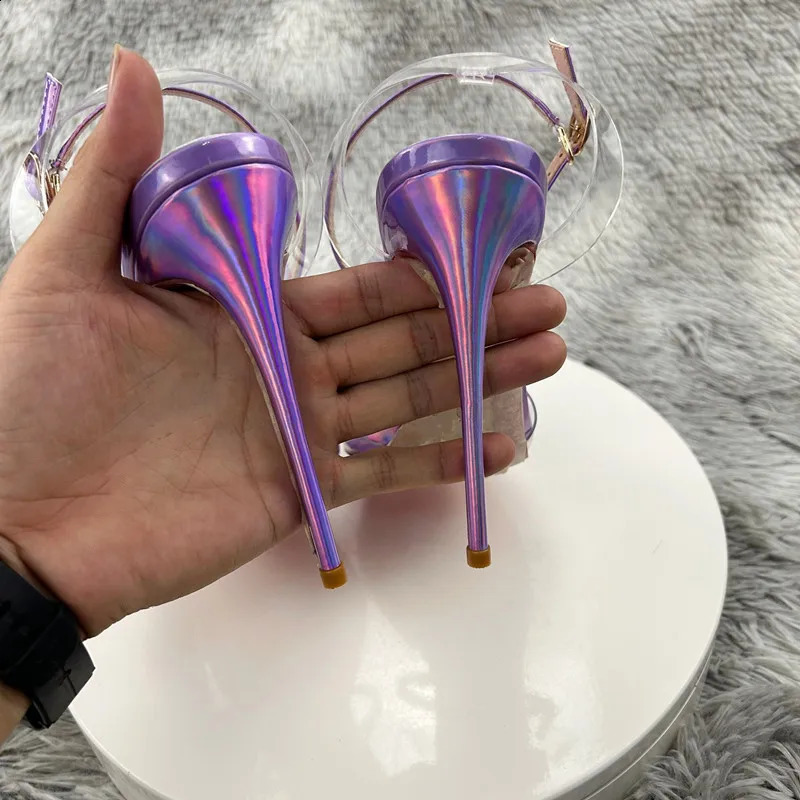 Laser Purple Women Sexy Summer Sandals PVC Pointed Toe Shoes est Slingback Shoes Thin Heels Party Ankle Buckle Ladies 240708