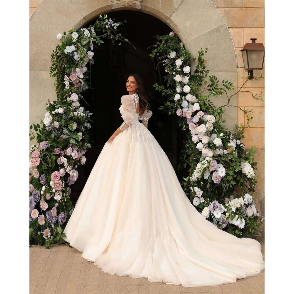 Sexy Beautiful Wedding Dresses Fascinating Exquisite Lace Applique Fluffy Long Sleeves Princess Style Mopping Bridal Gown