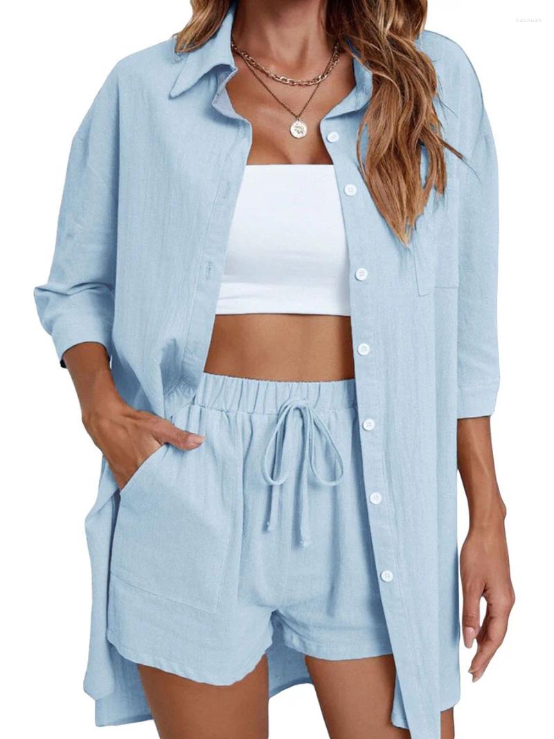 Womens Tracksuits Women S Stylish 2 Piece Co-ord Set Trendy Short Sleeve Button Down Shirt Comfy Shorts For Casual Loungewear