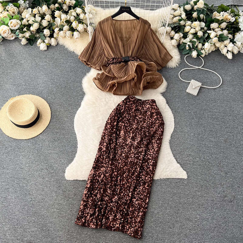 French Light Luxury and Socialite Style Set with Waistband Ruffled Edge Pleated Shirt+sequin Wrapped Hip Half Length Skirt Short Oversize Dress SKINNY