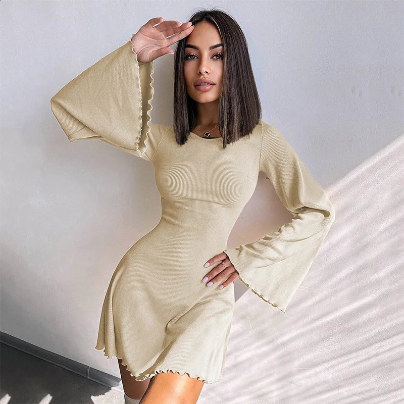 Sexy Dresses Nightclub Mini Short Party Dress Women Back Bandage O Neck A Line Flare Sleeves Autumn Vestidos Ladies Fall Robe 240712