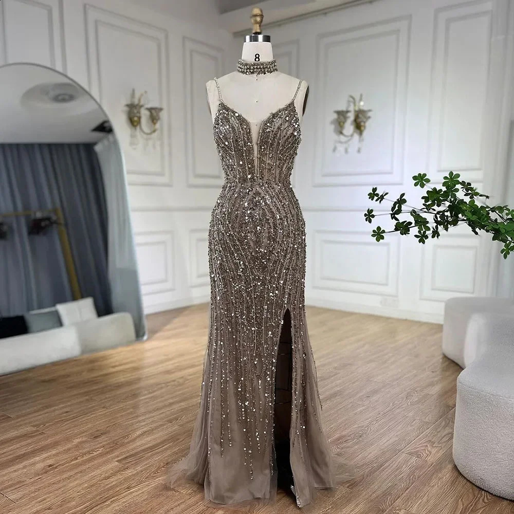 Serene Hill Silver Nude Mermaid Spaghetti with split Strap Beaded Evening Dresses Prom Gowns For Woman Party 2024 LA72047B 240709