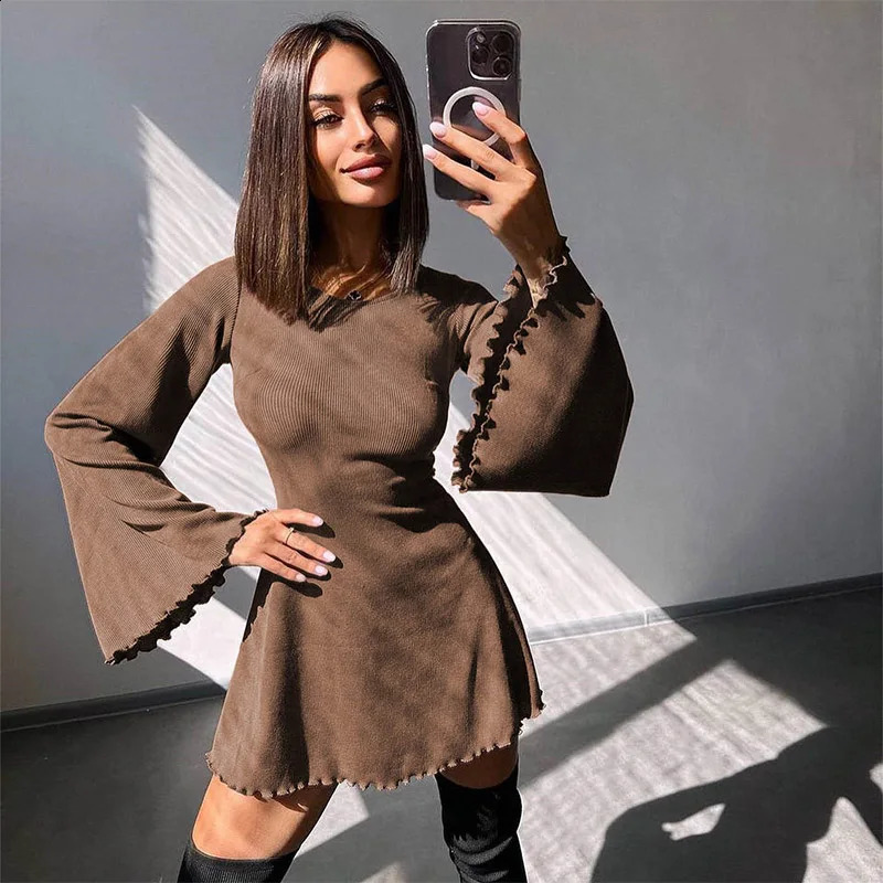 Sexy Dresses Nightclub Mini Short Party Dress Women Back Bandage O Neck A Line Flare Sleeves Autumn Vestidos Ladies Fall Robe 240712