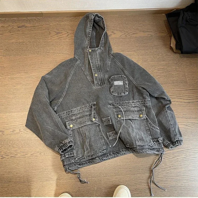 Spring Retro Workwear Tooling Hooded Denim Jackets Fashion Causal Loose High Street Hoodies Jacket Men Top Male Clothes 240722