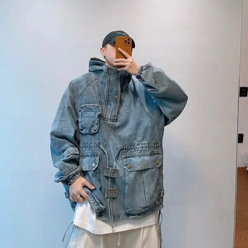 Spring Retro Workwear Tooling Hooded Denim Jackets Fashion Causal Loose High Street Hoodies Jacket Men Top Male Clothes 240722