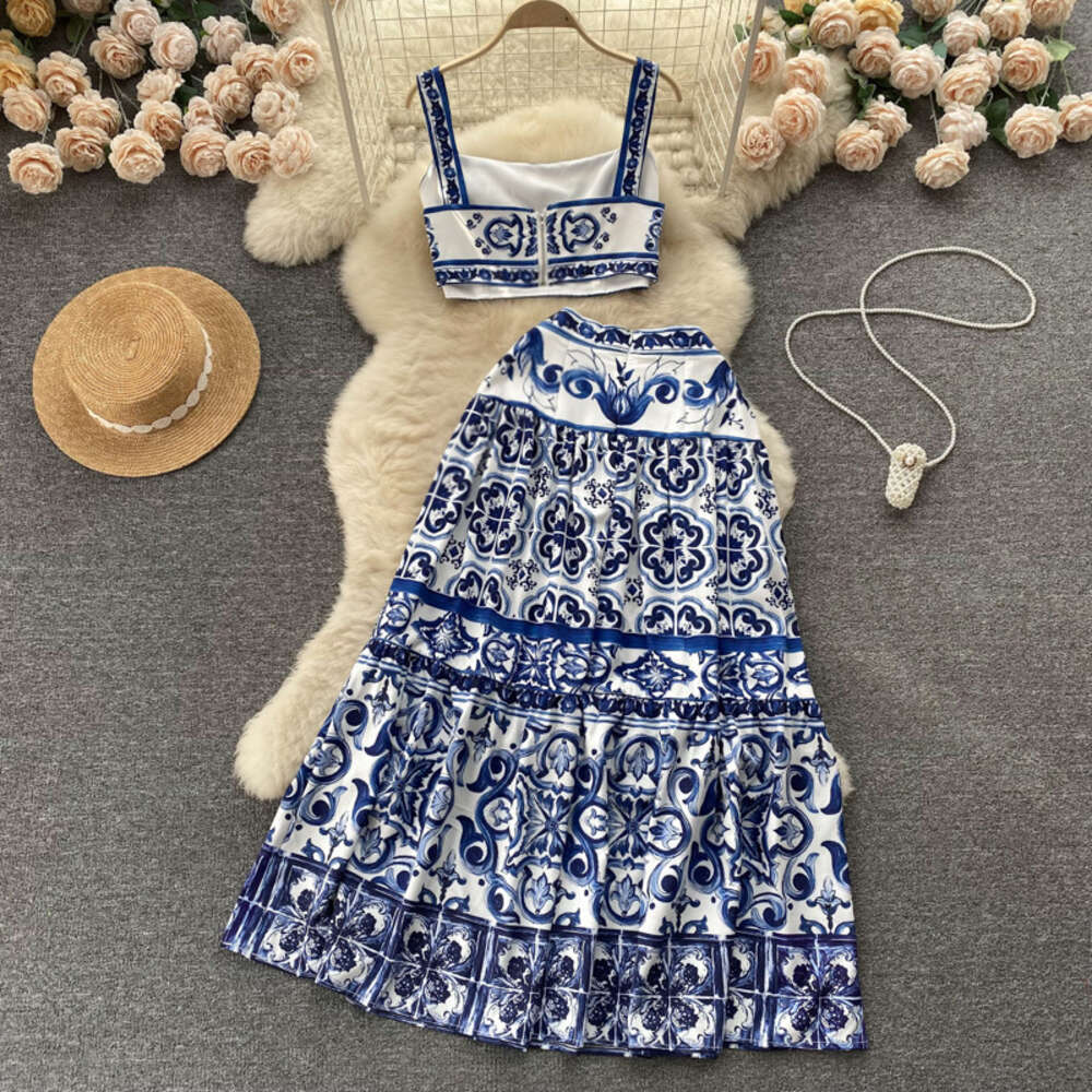 Wind Blue and White Porcelain Printing Set for Women in Summer, Pure Desire to Show Waist, Suspender Vest+high Waisted Mid Length Skirt BOHO DRESS