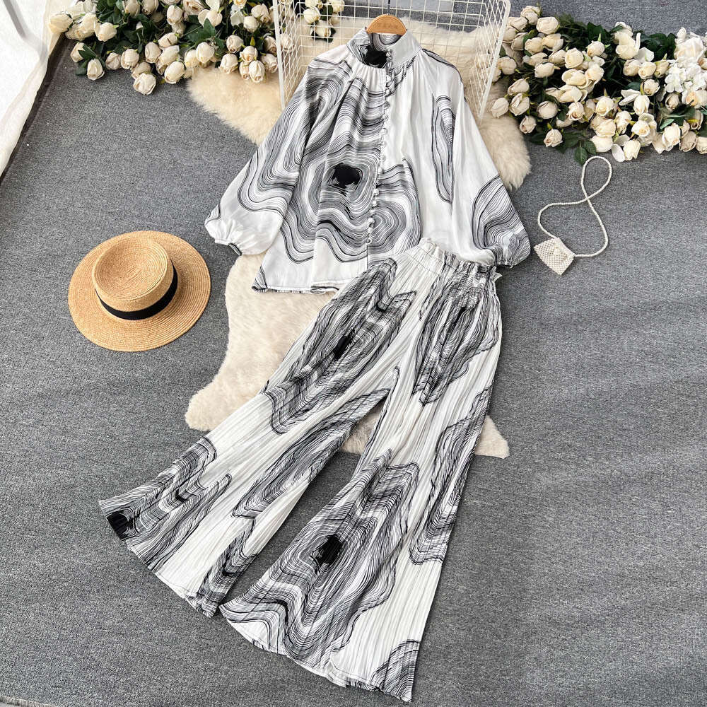 Spring and Autumn Style Printed Womens Lantern Sleeve Half High Collar Loose Shirt+wide Leg Pleated Pants Two-piece Set Bifurcated Pregnant Womens Dre