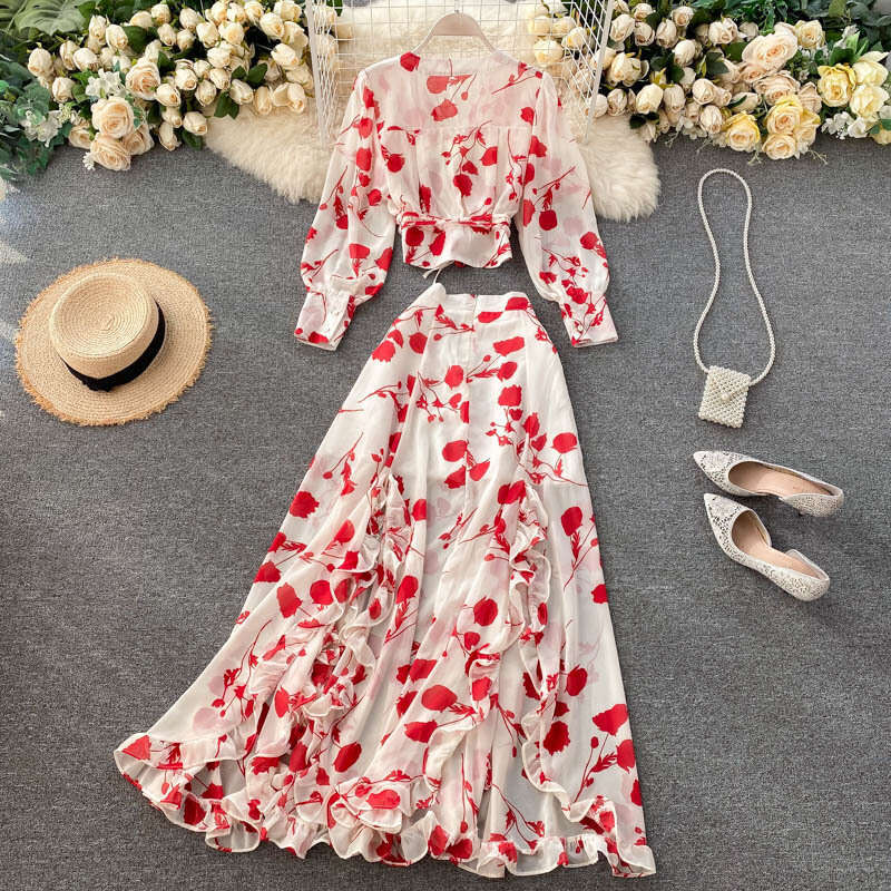 Autumn Womens Vacation Style Printed Short Chiffon Shirt Design Feeling Wooden Ear Split Half Skirt Two Piece Set Trendy Temperament Loose Waist SKINN