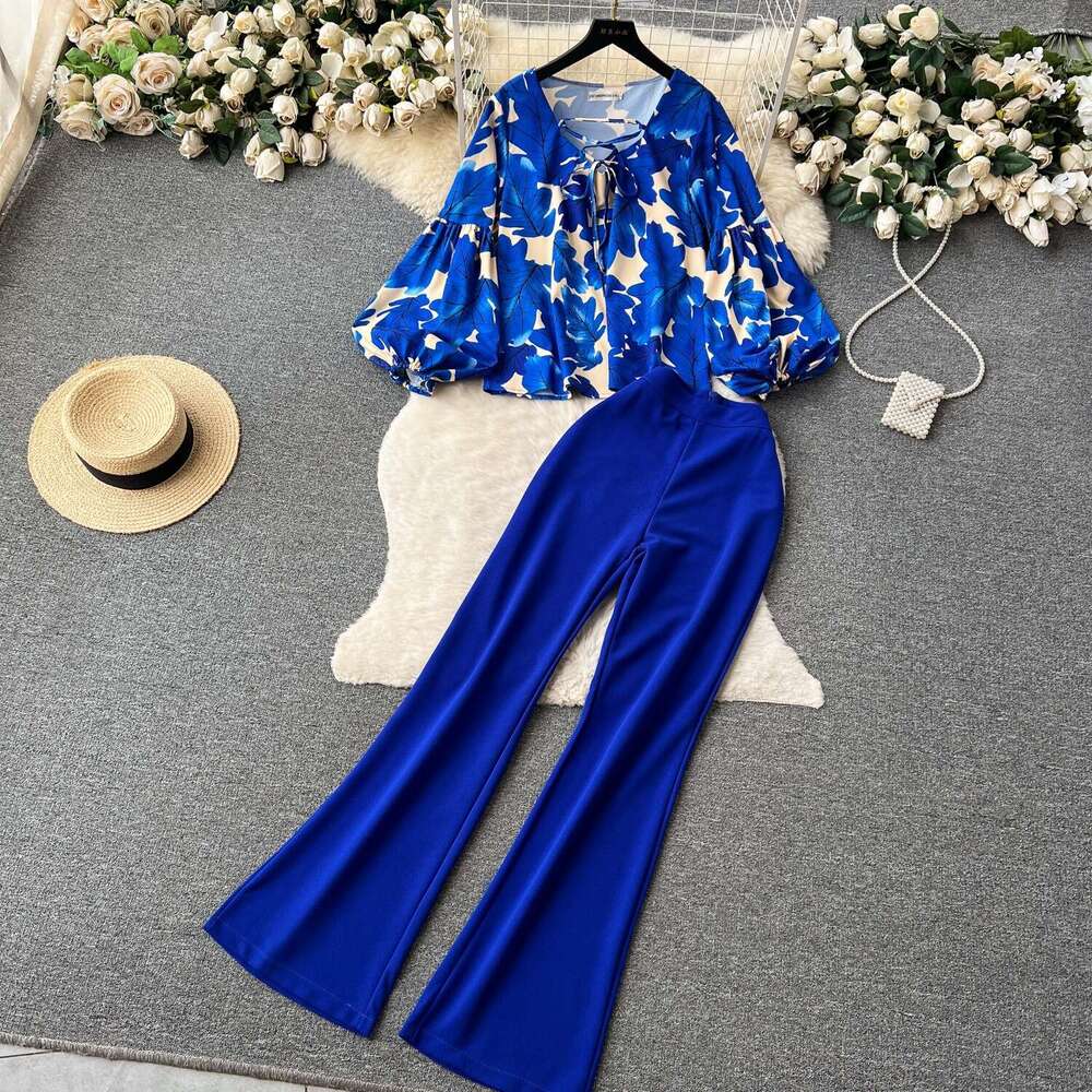 Feng Yujie Fashion Set Womens Spring/summer Lantern Sleeves Loose Shirt+draping Slim Fit Long Pants Novelty Bifurcated Temperament Self-cultivation La