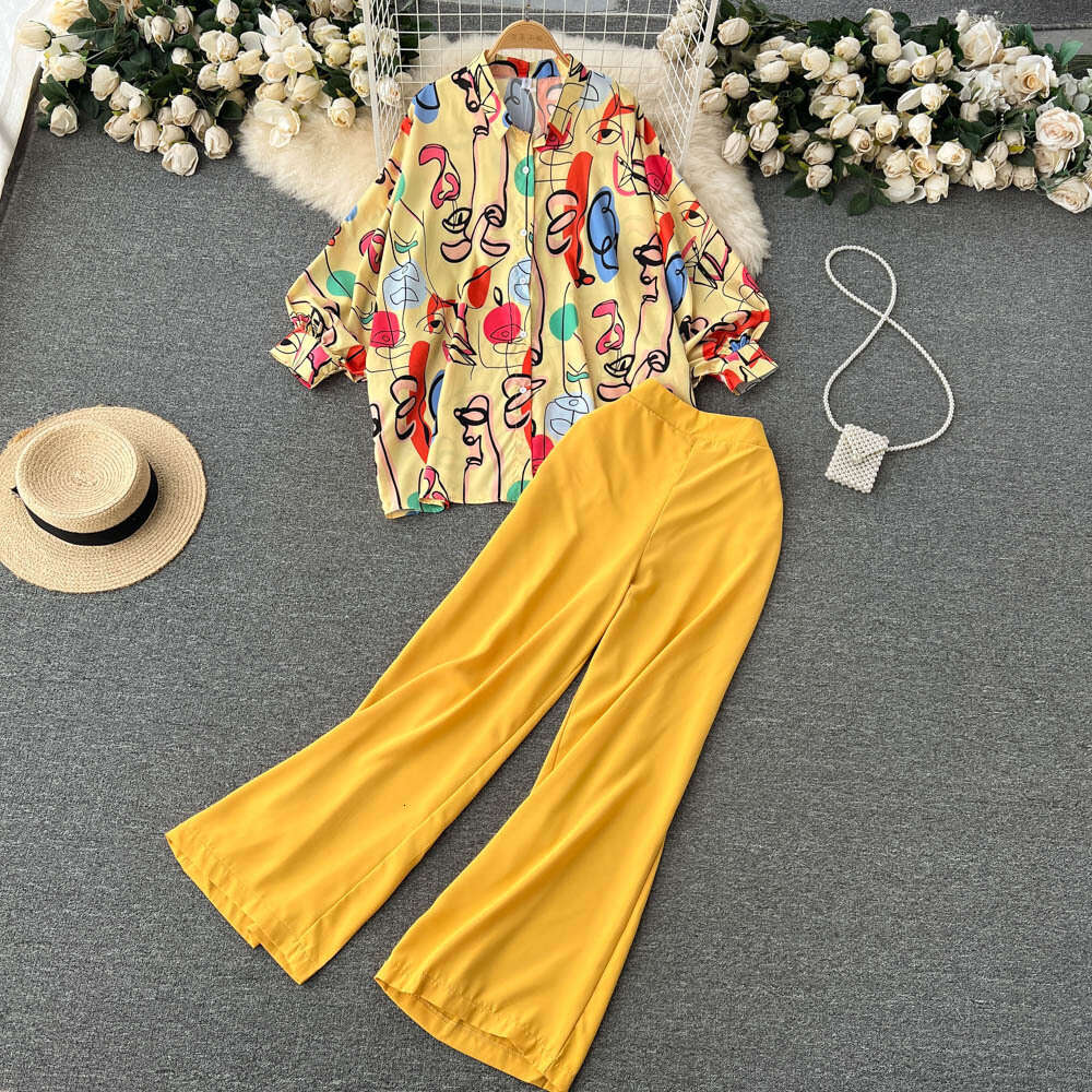 Instagram Style Printed Shirt Wide Leg Pants Two-piece for Autumn New High-end Commuting Professional Set Bifurcated Loose Pregnant Womens Dress SKINN