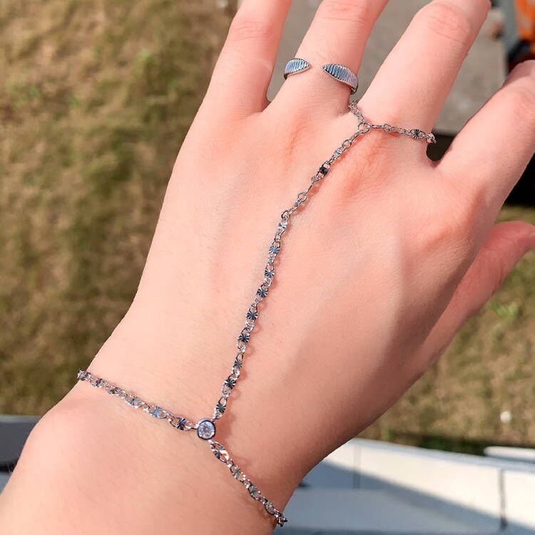 Micro Pave AAA CZ k Chain Bracelet w/ Ring Chains Wristlet - Hand Jewelry