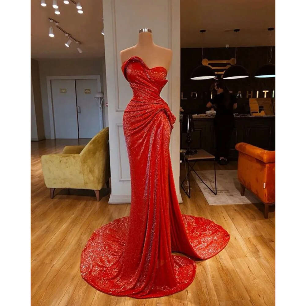 Elegant Mermaid Sequins Prom Dresses Red African Party Arabic Dubai Formal Evening Gowns Custom Made
