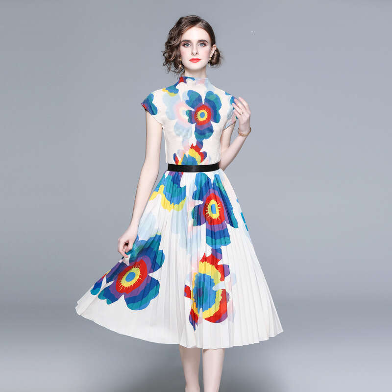 3.2 Meter Oversized Skirt Hem 2023 Western Style Printed Three House Wrinkled Fashion Set of Two Pieces Bifurcated Temperament Oversize Dress Denim Dr