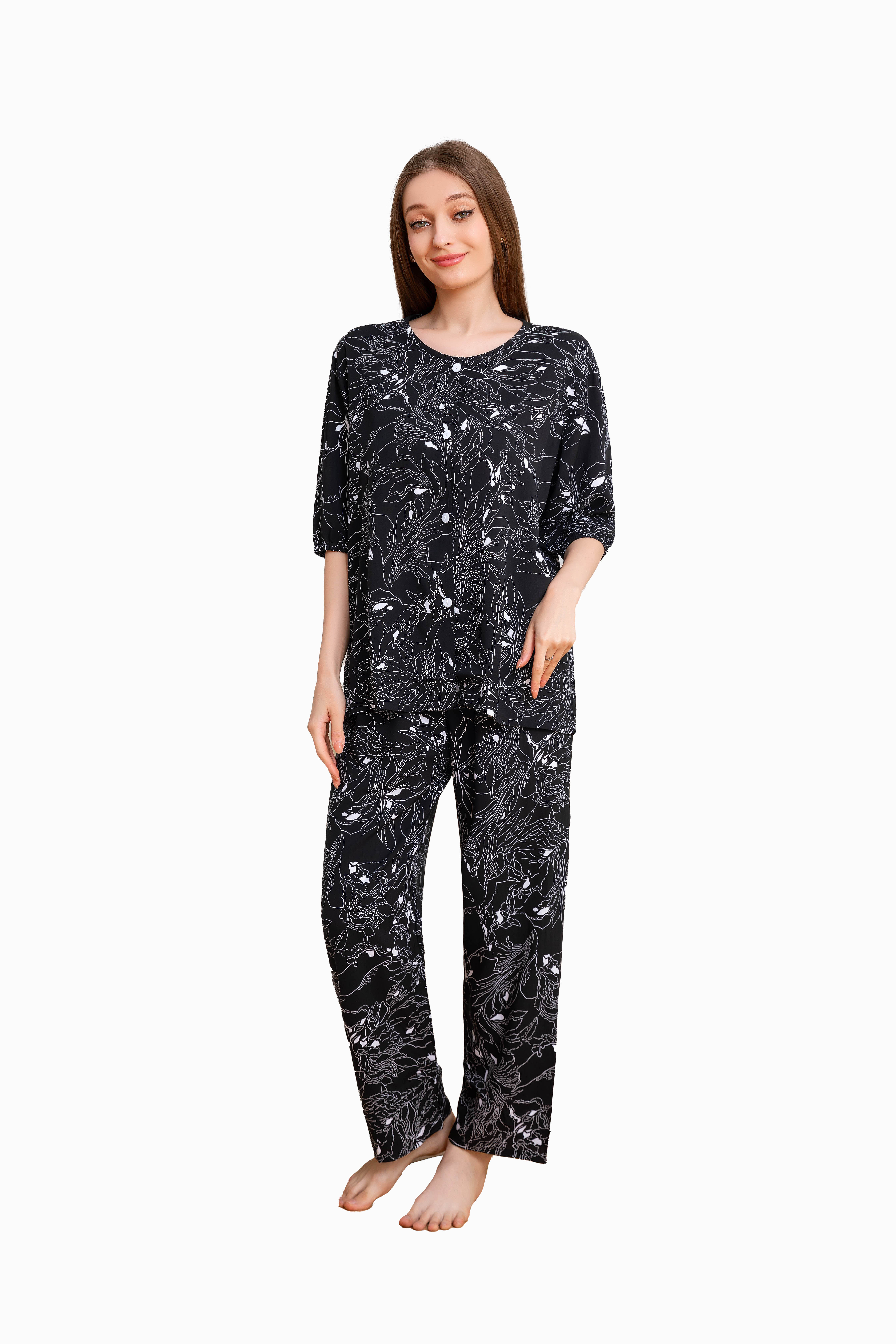 Women's home clothes, pajamas, black background, white leaf pants set C209