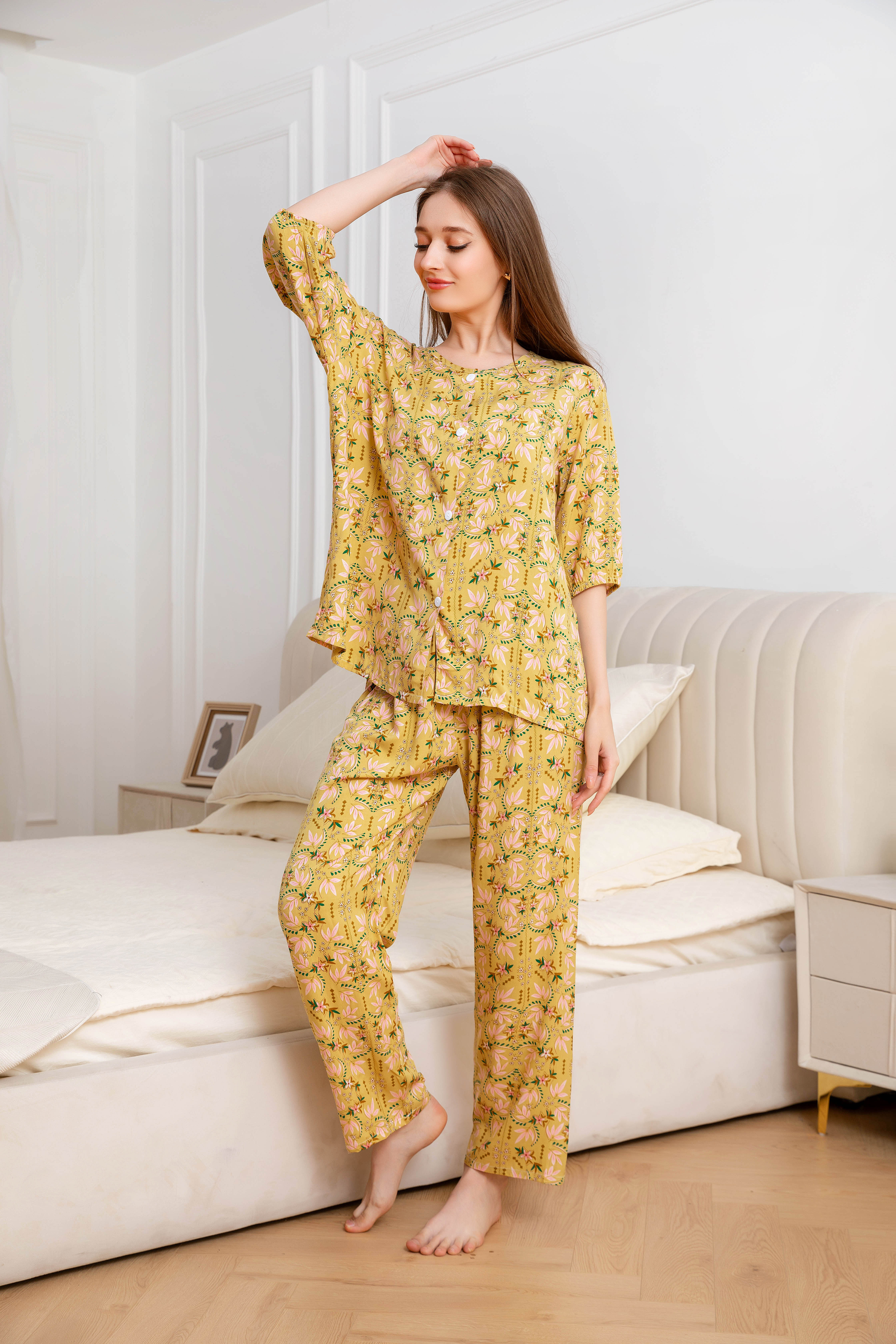 Women's Home Clothes Pajamas Yellow Base Pink Leaf Pants Set C206