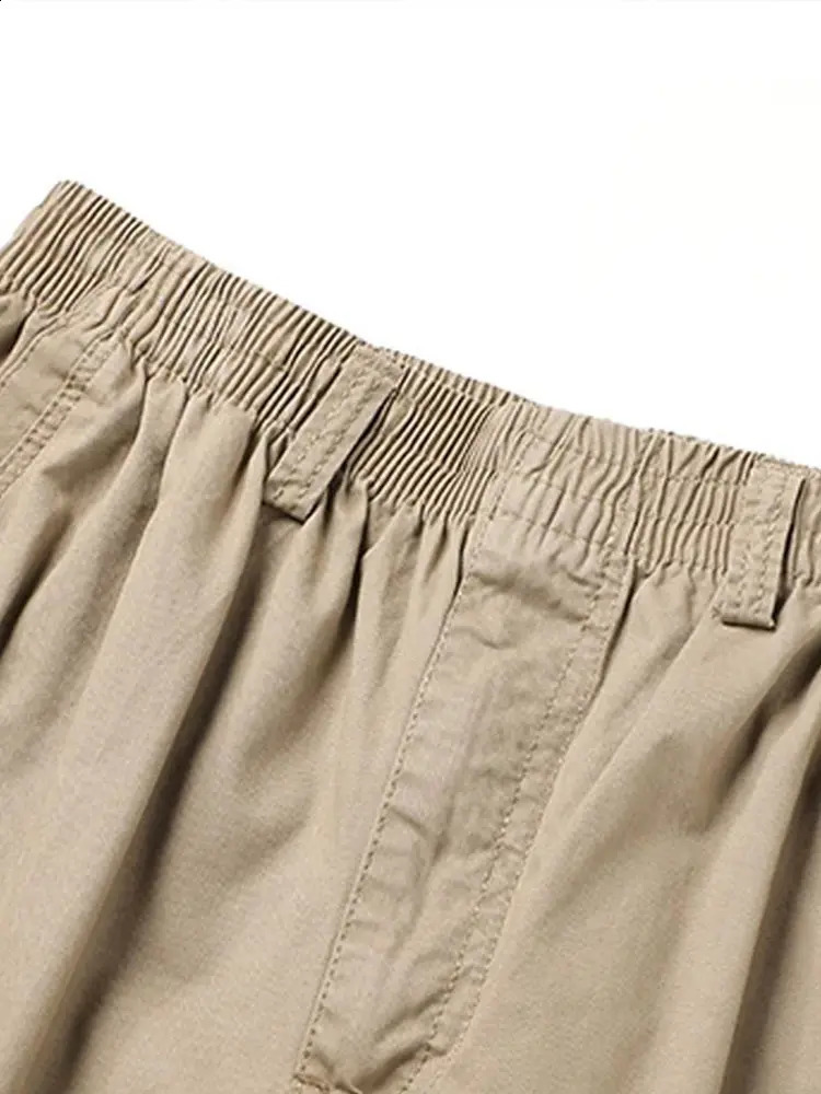 Mens Solid Elastic Waist Cargo Pants Summer Cotton Pocket Work Wear Casual Climbing Joggers Sweatpants Hombre Autumn Trousers 240723