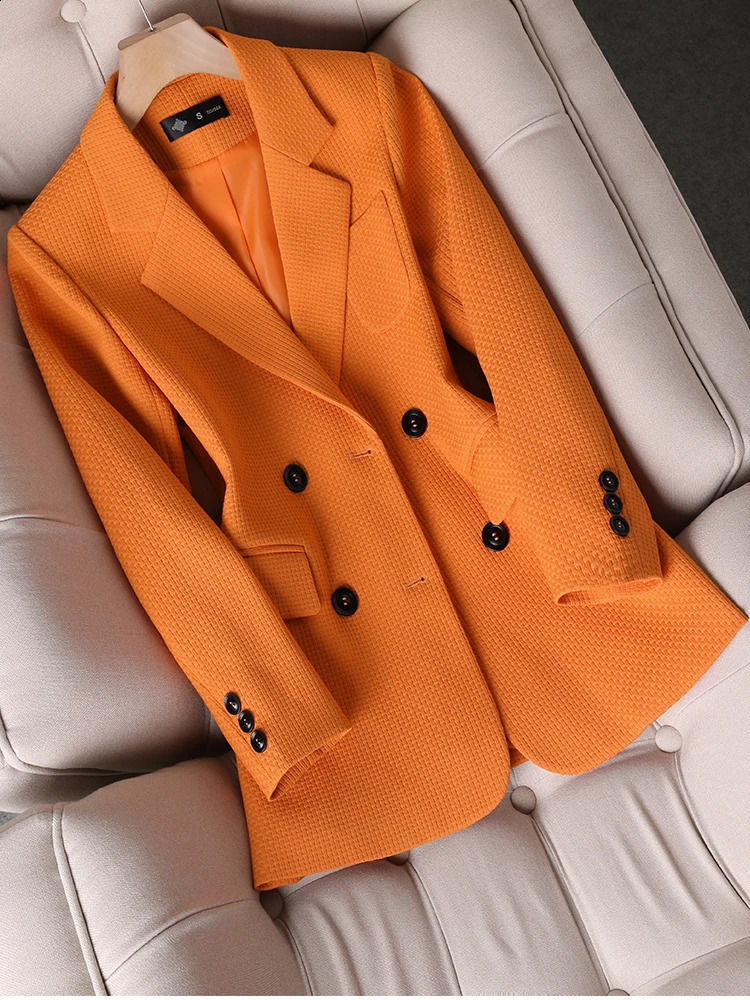Women Formal Blazer Ladies Female Orange Black Green Plaid Long Sleeve Single Breasted Work Wear Jacket Coat For Autumn Winter 240715