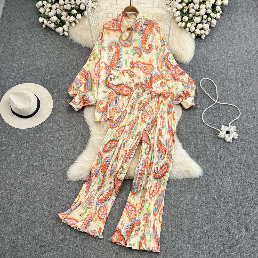 Fashionable Set Socialite Temperament Bat Sleeve Loose Printed Shirt, Two High Waisted Pleated Wide Leg Pants Novelty Sexy Denim Dress Oversize Dress