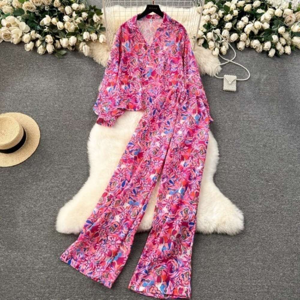 Spring New Womens Wear Design Sense Printed Long Sleeved Shirt Fashionable and Versatile Wide Leg Pants Two Piece Set Self-cultivation Lace Dress BOHO