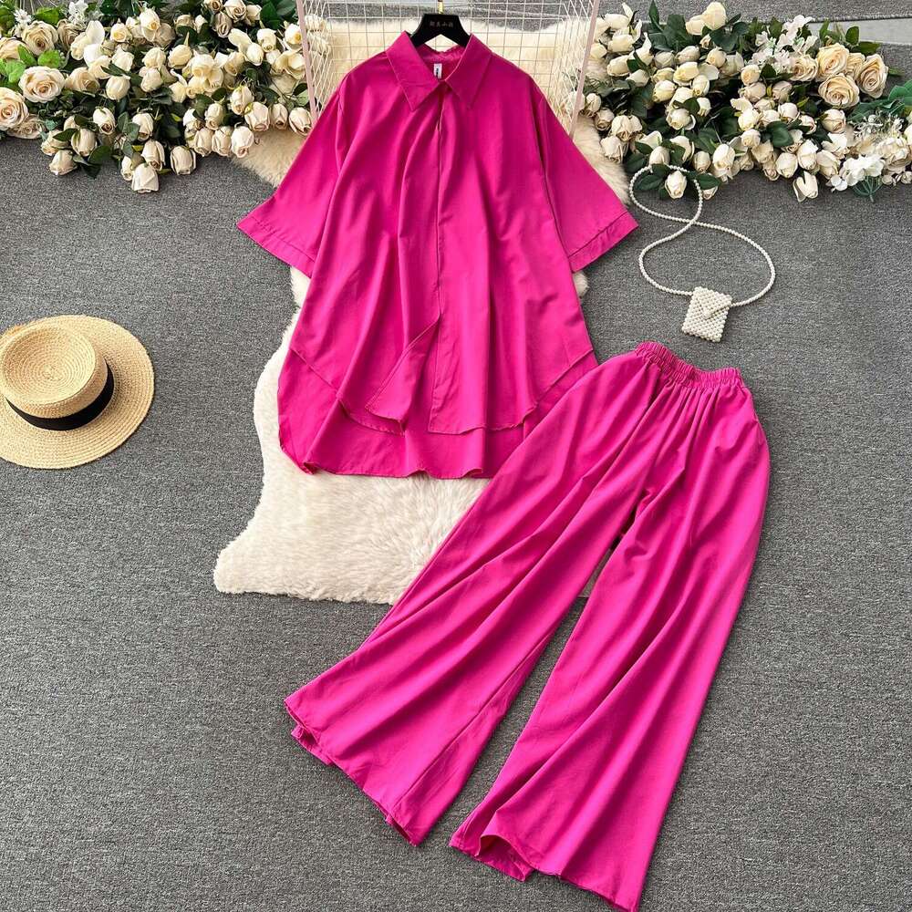 Wind High-end Fashion Set, Summer Loose and Slimming Print Shirt, High Waist Drape, Wide Leg Pants Bifurcated Novelty Loose Lace Dress Oversize Dress