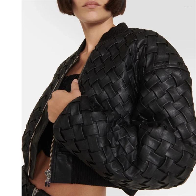 Womens Jackets Streetwear Woven Faux Leather Cropped Puffer Women 2024 Fall Winter Warm Long Sleeve Goth Motorcycle Bomber Coat Outwear