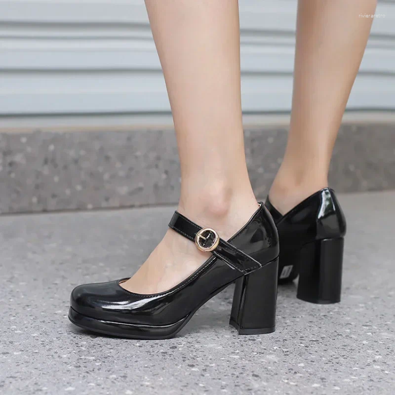 Dress Shoes PU Patent Leather Green Navy Blue Closed Toe Mature Ladies Office Pumps Buckle Strap Vintage Women Mary Janes Block Heels