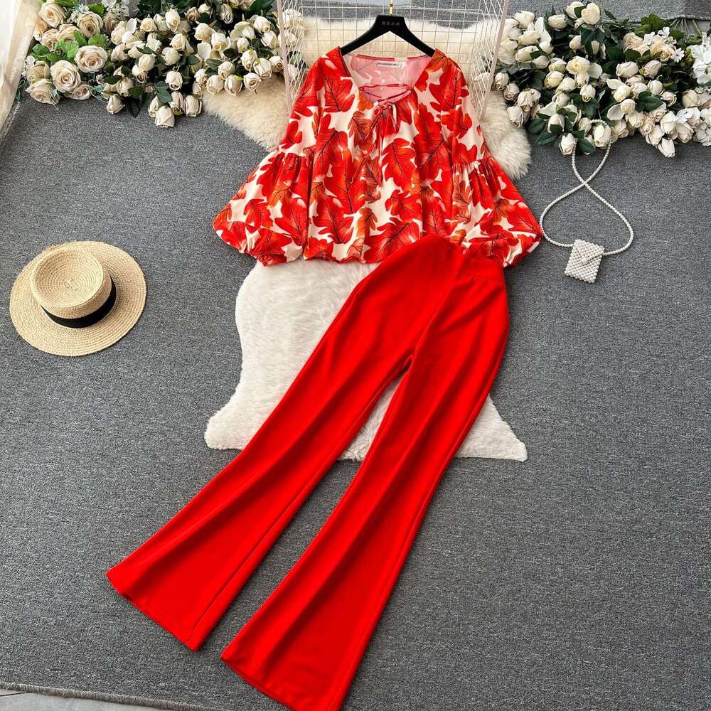 Feng Yujie Fashion Set Womens Spring/summer Lantern Sleeves Loose Shirt+draping Slim Fit Long Pants Novelty Bifurcated Temperament Self-cultivation La
