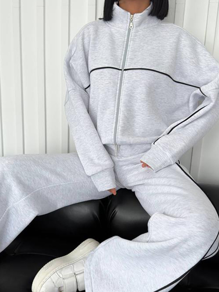 A456 Women's 3D Sier Long Sleeve Semi-high Neck Jackets Sweater Sports Striped Pants Leisure Suit