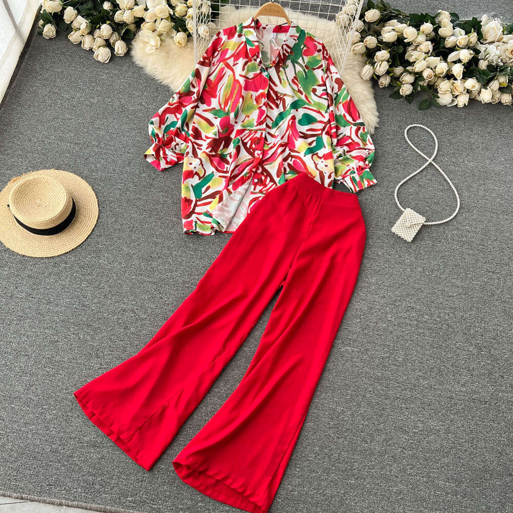 Instagram Style Printed Shirt Wide Leg Pants Two-piece for Autumn New High-end Commuting Professional Set Bifurcated Loose Pregnant Womens Dress SKINN