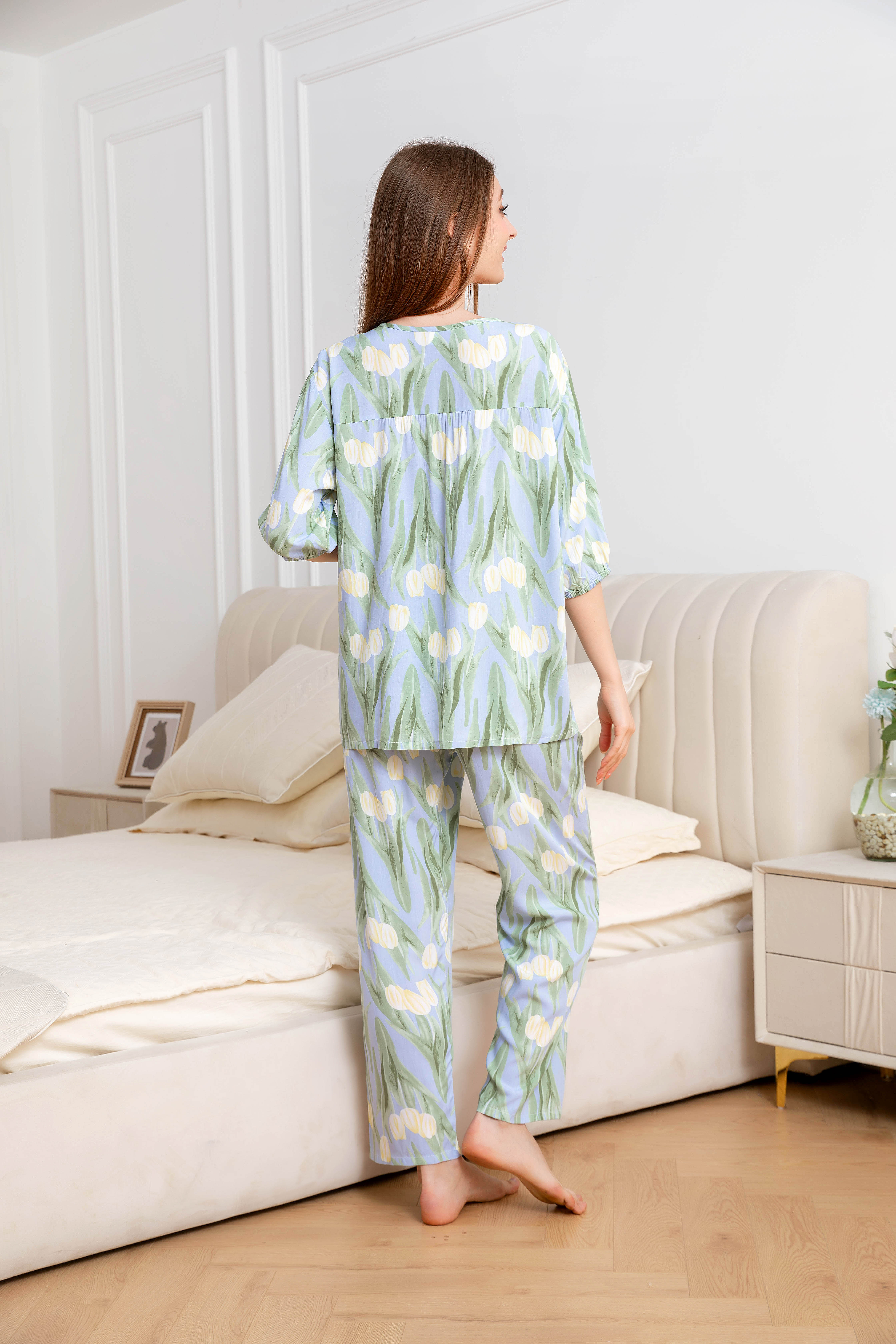 Women's Home Clothes Pajamas Blue Green Leaf Lily Pants Set C211