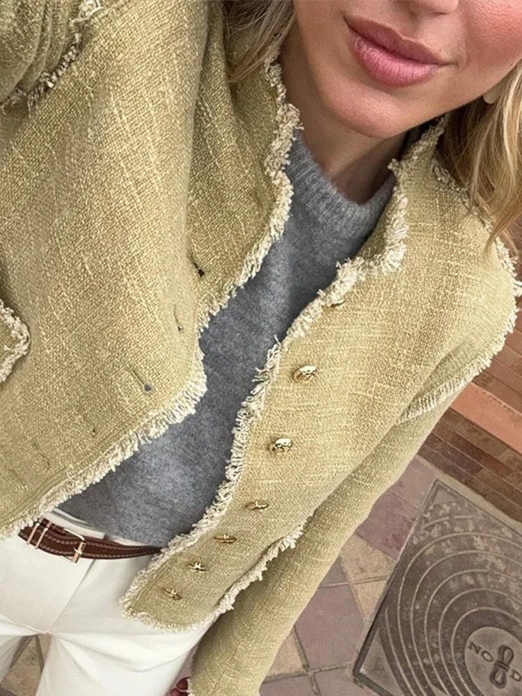 Elegant Tweed Womens Coat Fashion Single Breasted Stand Collar Pockets Jacket Spring Office Lady Female Furry Edge Outwear 240806
