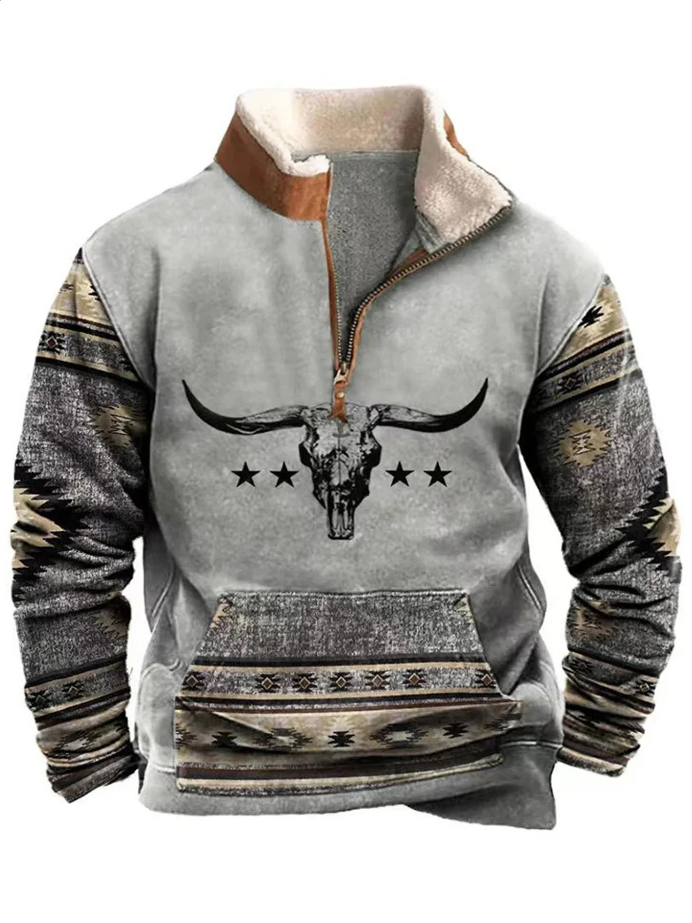Vintage Sweatshirt For Men Ethnic Style Casual Warm Hoodie Tops Turtleneck Zipper Jacket Pullover Harajuk Fleece Sweatshirts 240722