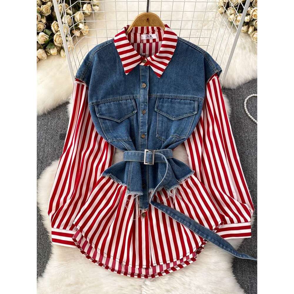 Spring and Autumn Korean Style Fake Two Loose Denim Vests with Striped Shirts for Womens Casual Irregular Top Temperament Novelty Oversize Dress Silk 
