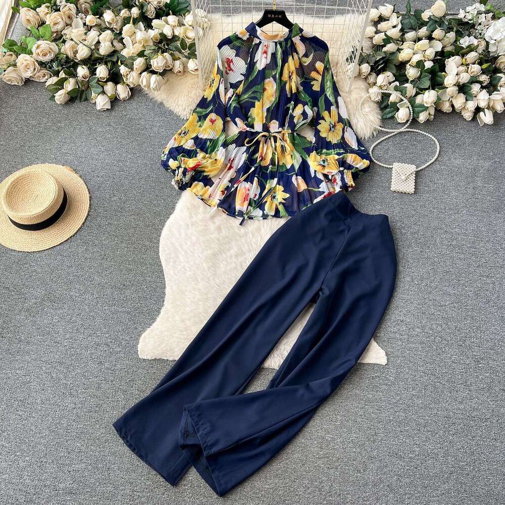 Temperament Light Mature Style Two-piece Set for Women with Waist Cinched Floral Pleated Shirt+high Waisted Wide Straight Leg Suit Pants Loose BOHO DR