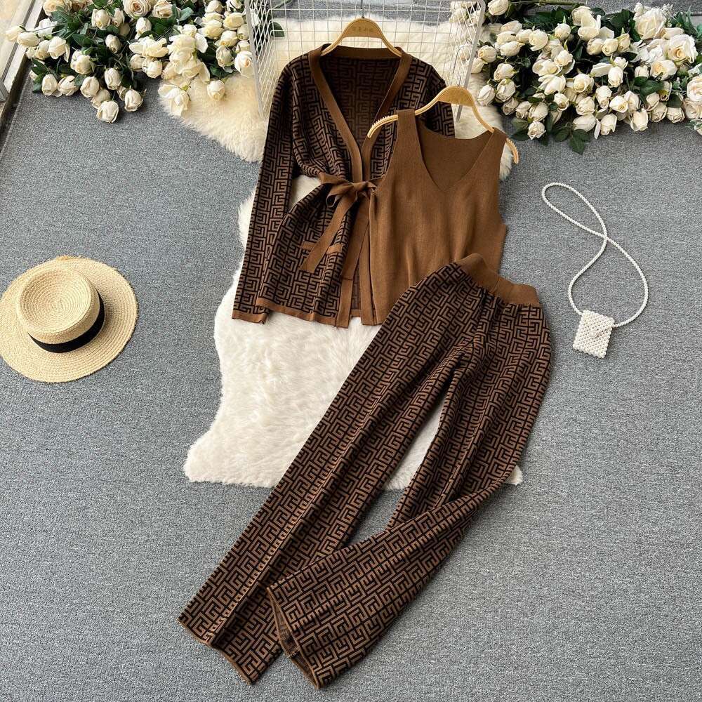 Printed Casual Suit Womens Shawl Jacket+v-neck Bottom Knit Sweater+wide Leg Pants Three Piece Set Short Loose Temperament SKINNY DRESS Lace Dress