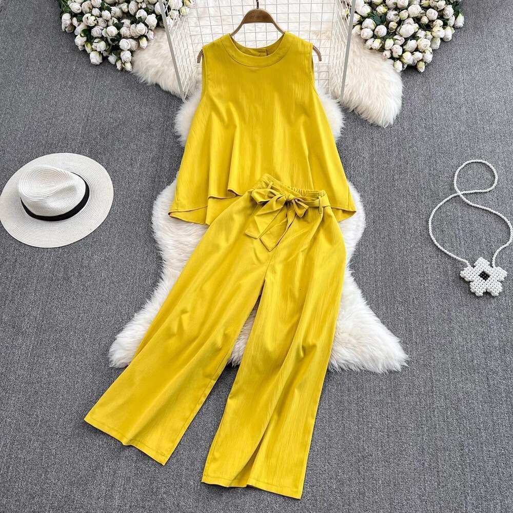 Fashionable Light and Mature Style, Temperament, Round Neck, Loose Sleeveless Top, Two-piece Set, High Waisted, Lace Up, Straight Leg, Wide Leg Lace D