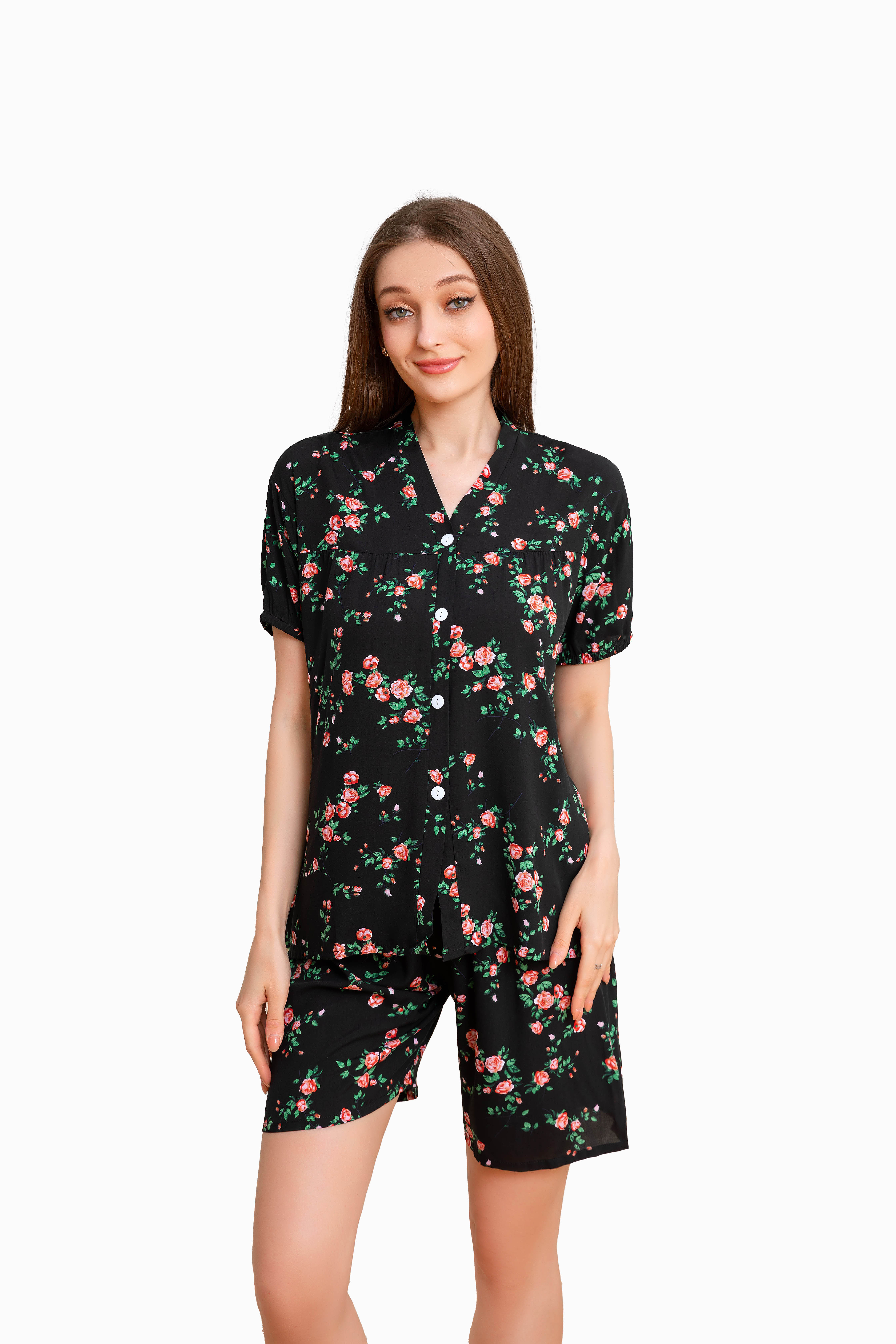Women's home clothes, pajamas, black background, small rose shorts set D206