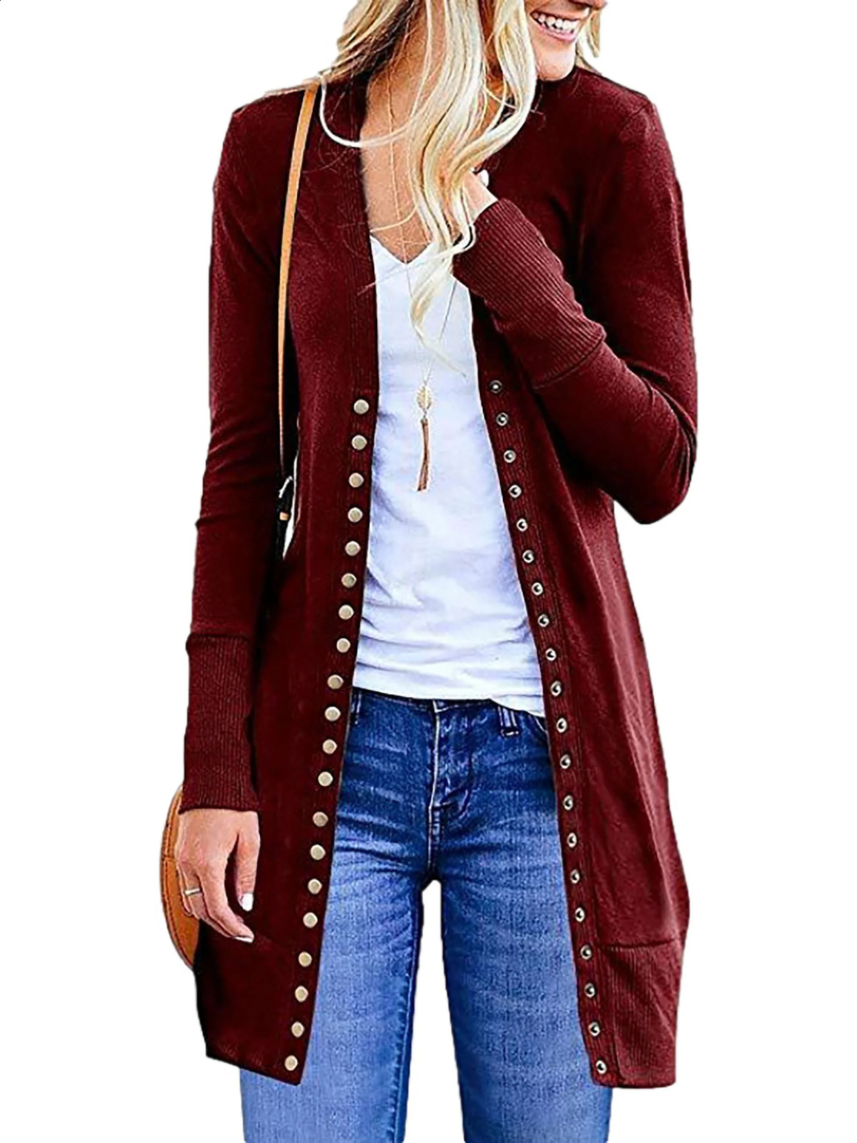 Autumn European and American Large Womens Fashion Mid length Button Solid Color Cardigan Coat 240717