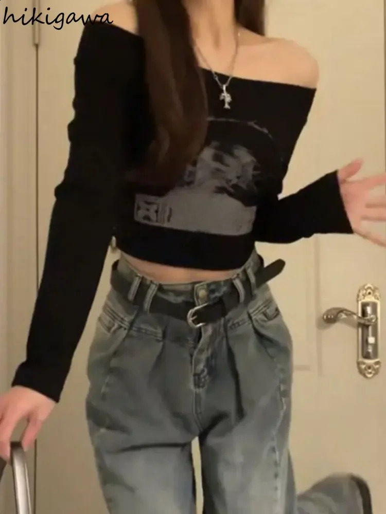 Black Woman Tshirts Slash Neck Long Sleeve Print Tees Ropa Mujer Harajuku Sexy Crop Tops Fashion Korean Casual Y2k T Shirt 240717