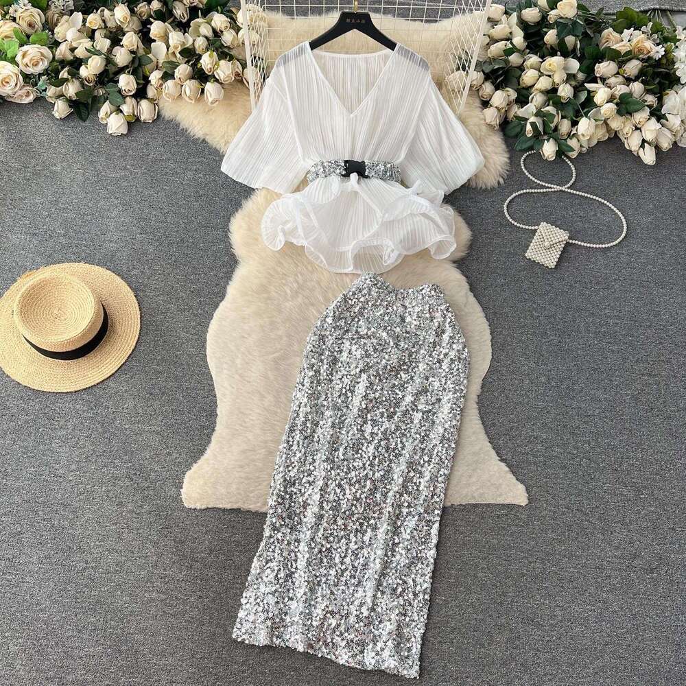 French Light Luxury and Socialite Style Set with Waistband Ruffled Edge Pleated Shirt+sequin Wrapped Hip Half Length Skirt Short Oversize Dress SKINNY